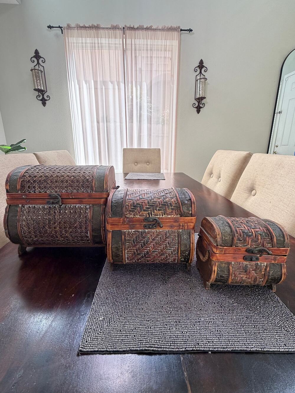 Vintage Boho Nesting Treasure Chests - Set of 3 Wood & Woven Rattan Trunks